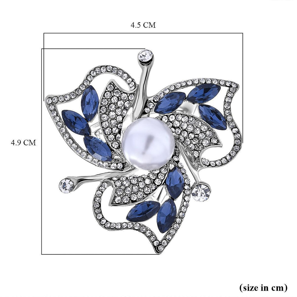 Simulated Pearl, Simulated Blue Sapphire and White Austrian Crystal Scarf Ring in Silver Tone