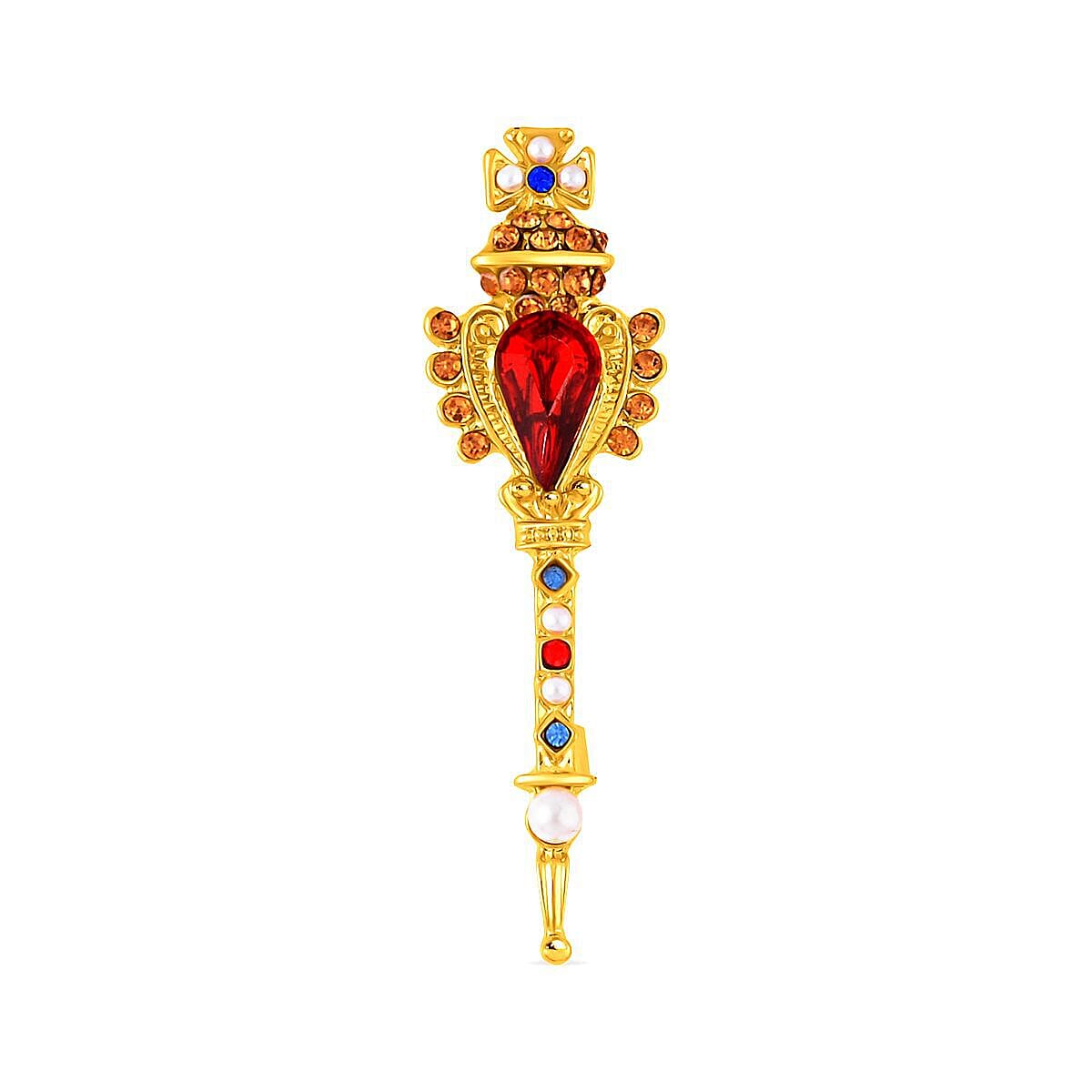 Simulated Pearl, Simulated Red Topaz and Multi Colour Crystal Enamelled Brooch in Yellow Gold Tone 7508178 0