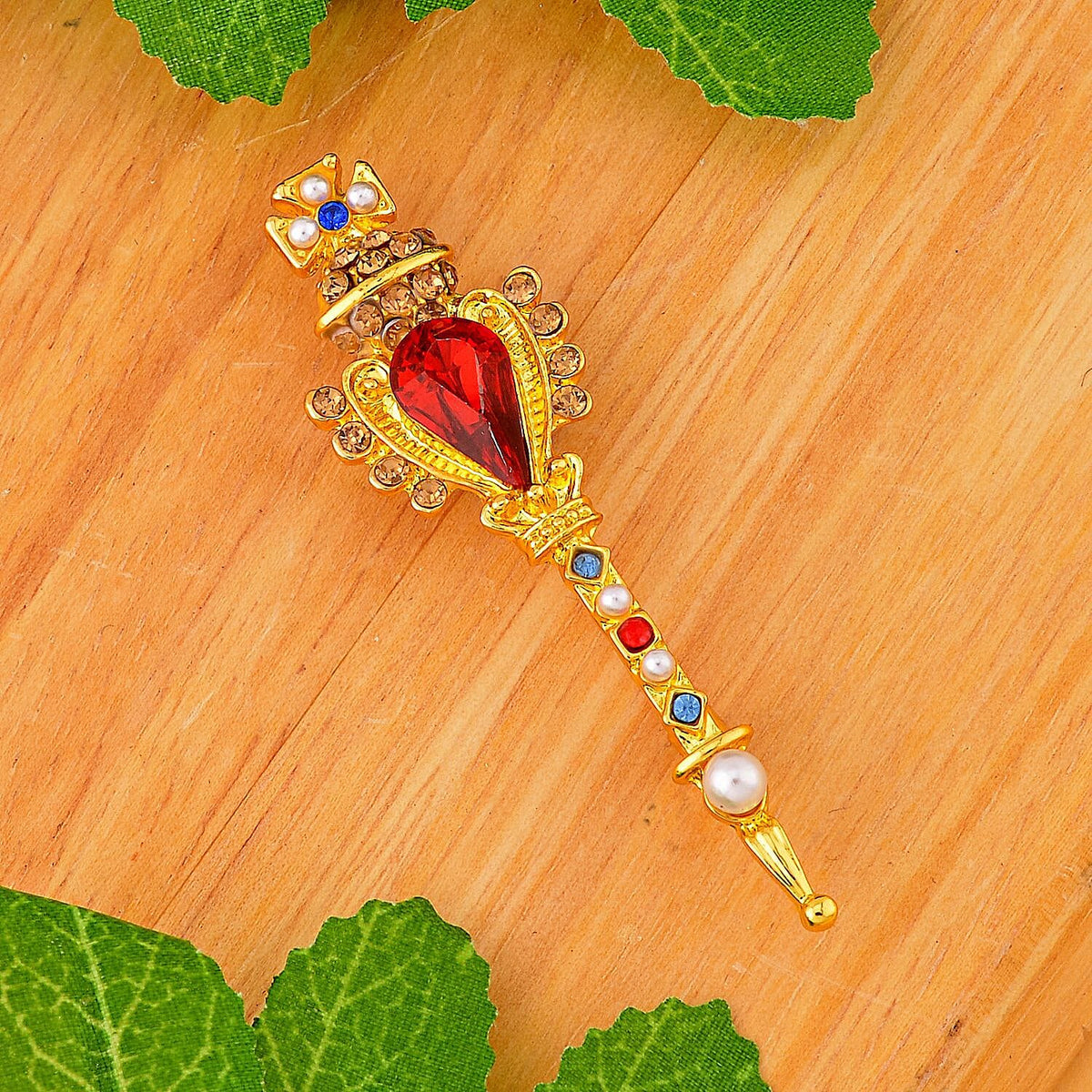 Simulated Pearl, Simulated Red Topaz and Multi Colour Crystal Enamelled Brooch in Yellow Gold Tone 7508178 1