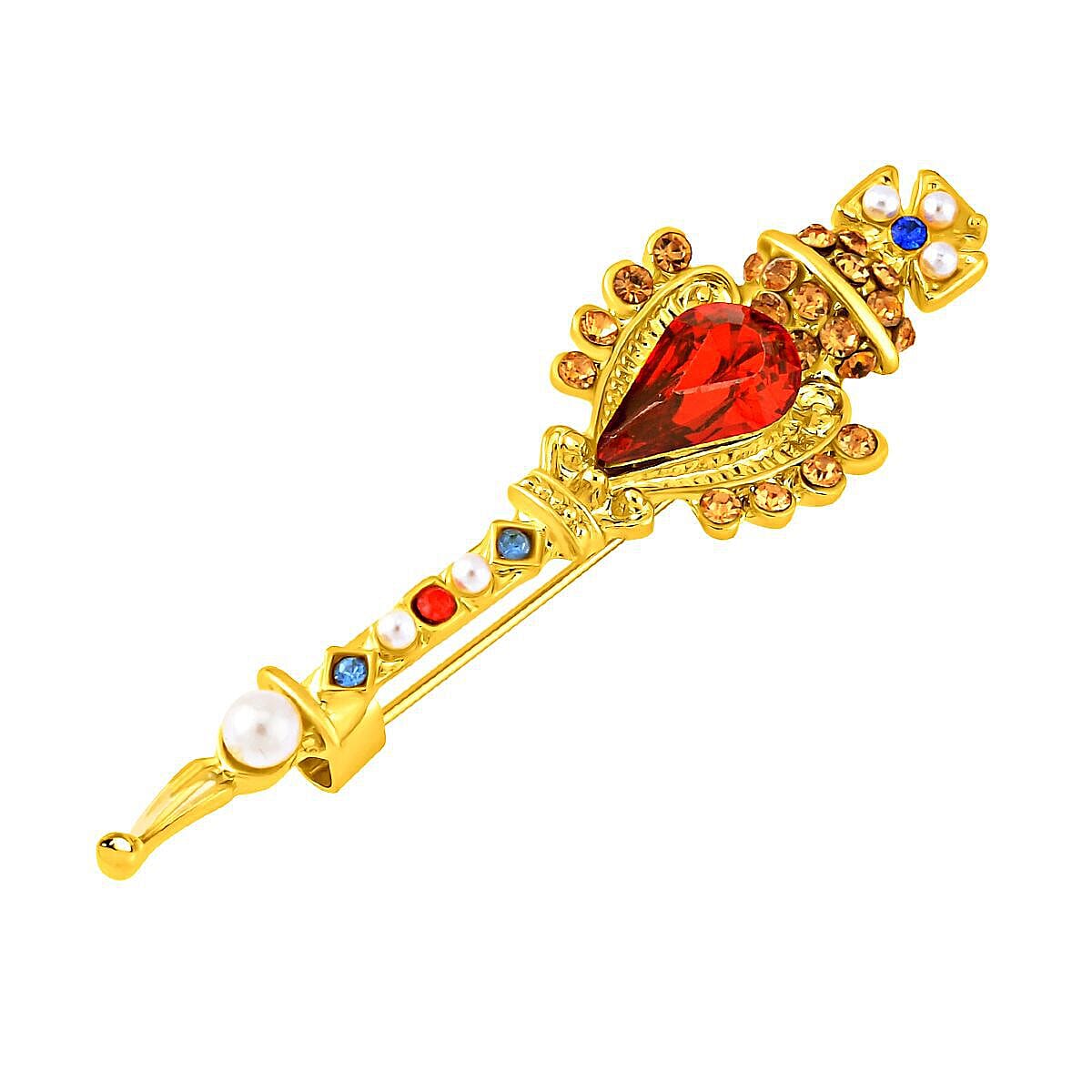 Simulated Pearl, Simulated Red Topaz and Multi Colour Crystal Enamelled Brooch in Yellow Gold Tone 7508178 2