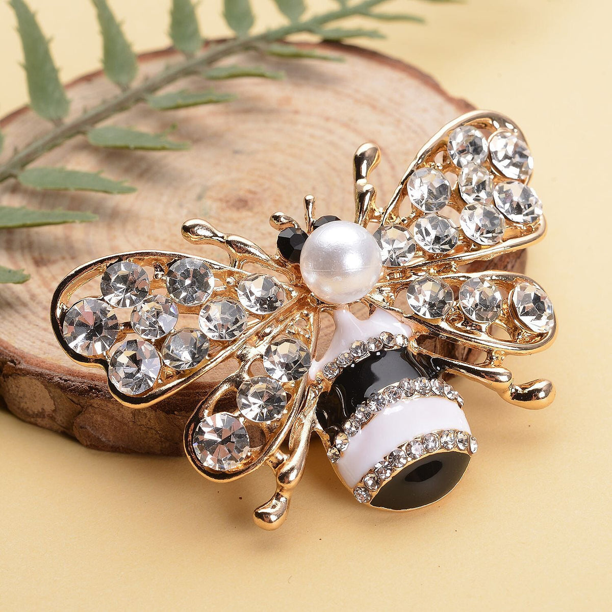 Simulated Pearl, White and Black Austrian Crystal Enamelled Bee Brooch in Yellow Gold Tone 7020208 2