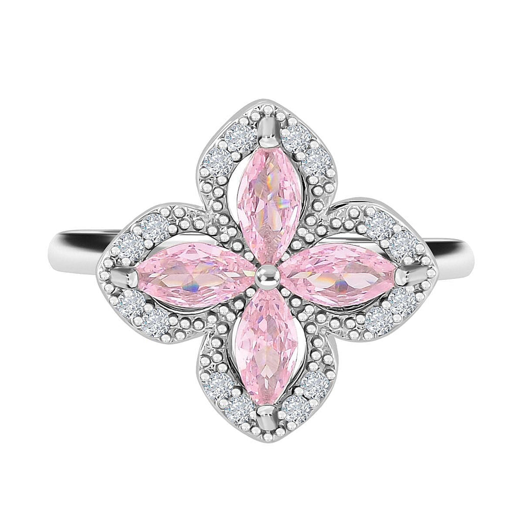Simulated Pink & White Diamond Clover Spinner Ring in Silver Tone - Adjustable (Size L-R)