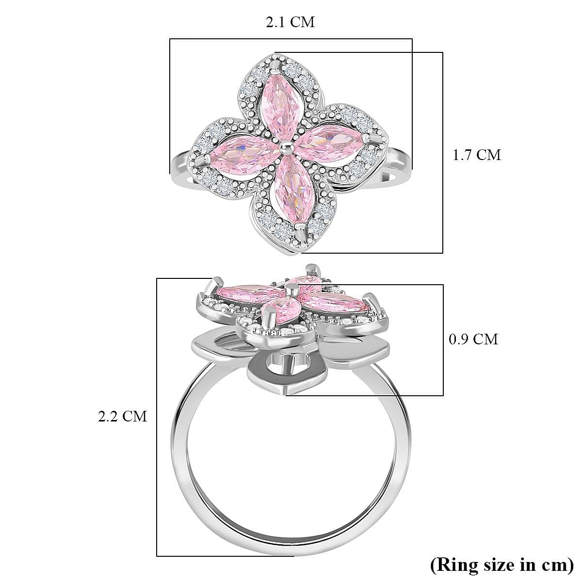 Simulated Pink &amp; White Diamond Clover Spinner Ring in Silver Tone - Adjustable (Size L-R) 7488810 5
