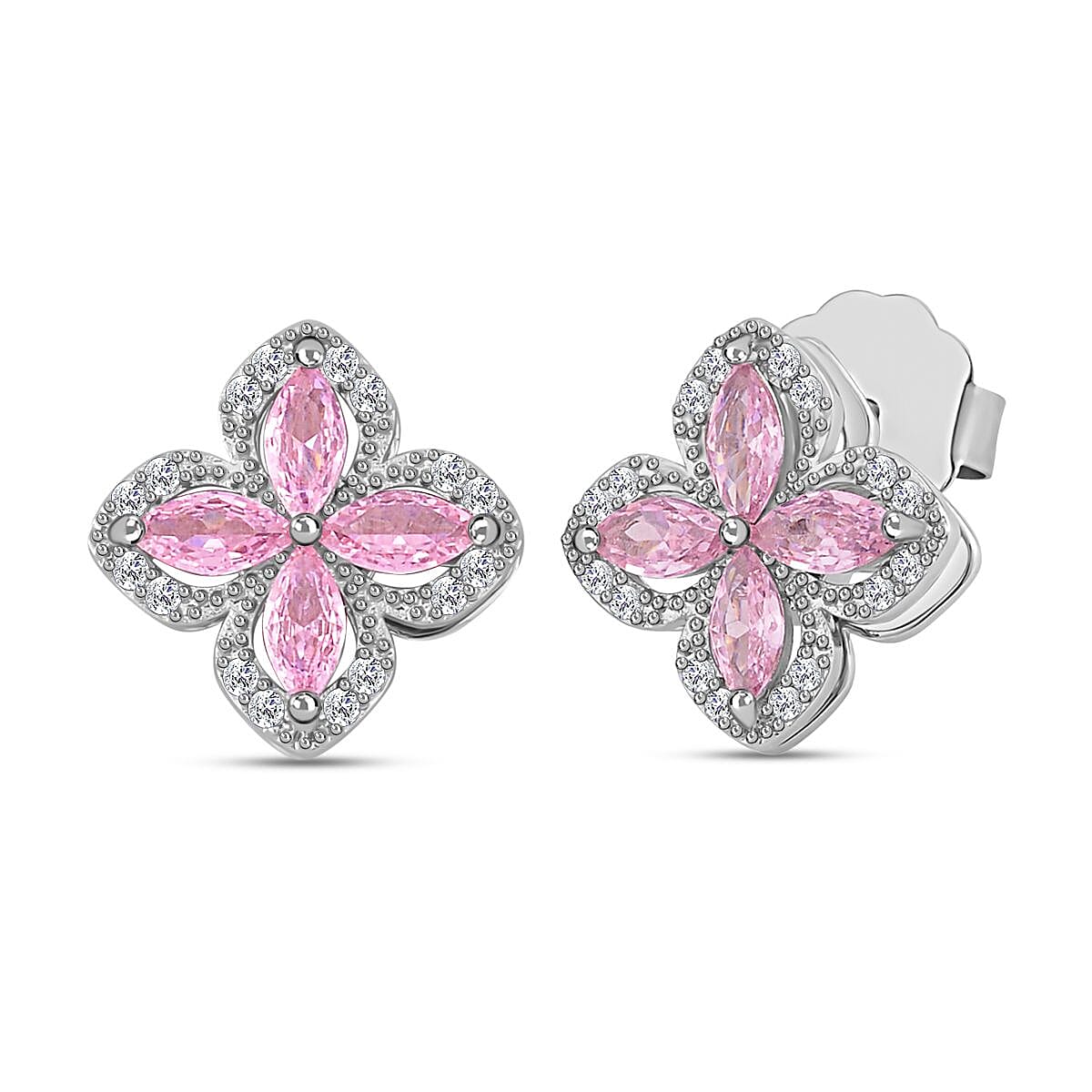 Simulated Pink &amp; White Diamond Clover Earrings with Push Back in Silver Tone 3.50 Ct. 7283850 0
