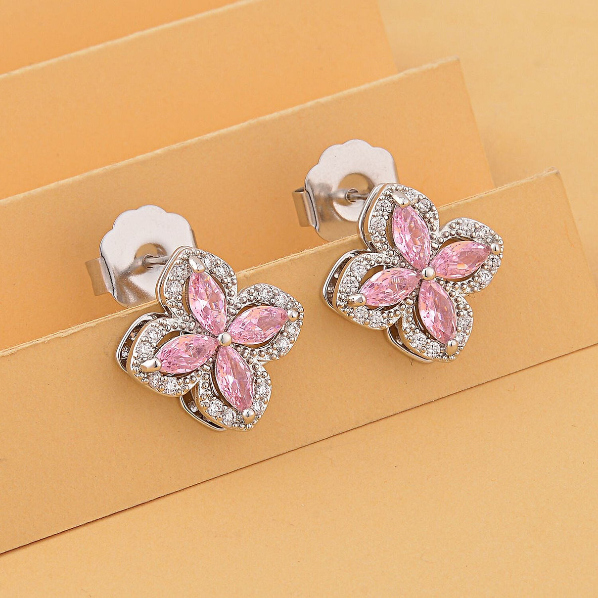 Simulated Pink &amp; White Diamond Clover Earrings with Push Back in Silver Tone 3.50 Ct. 7283850 2