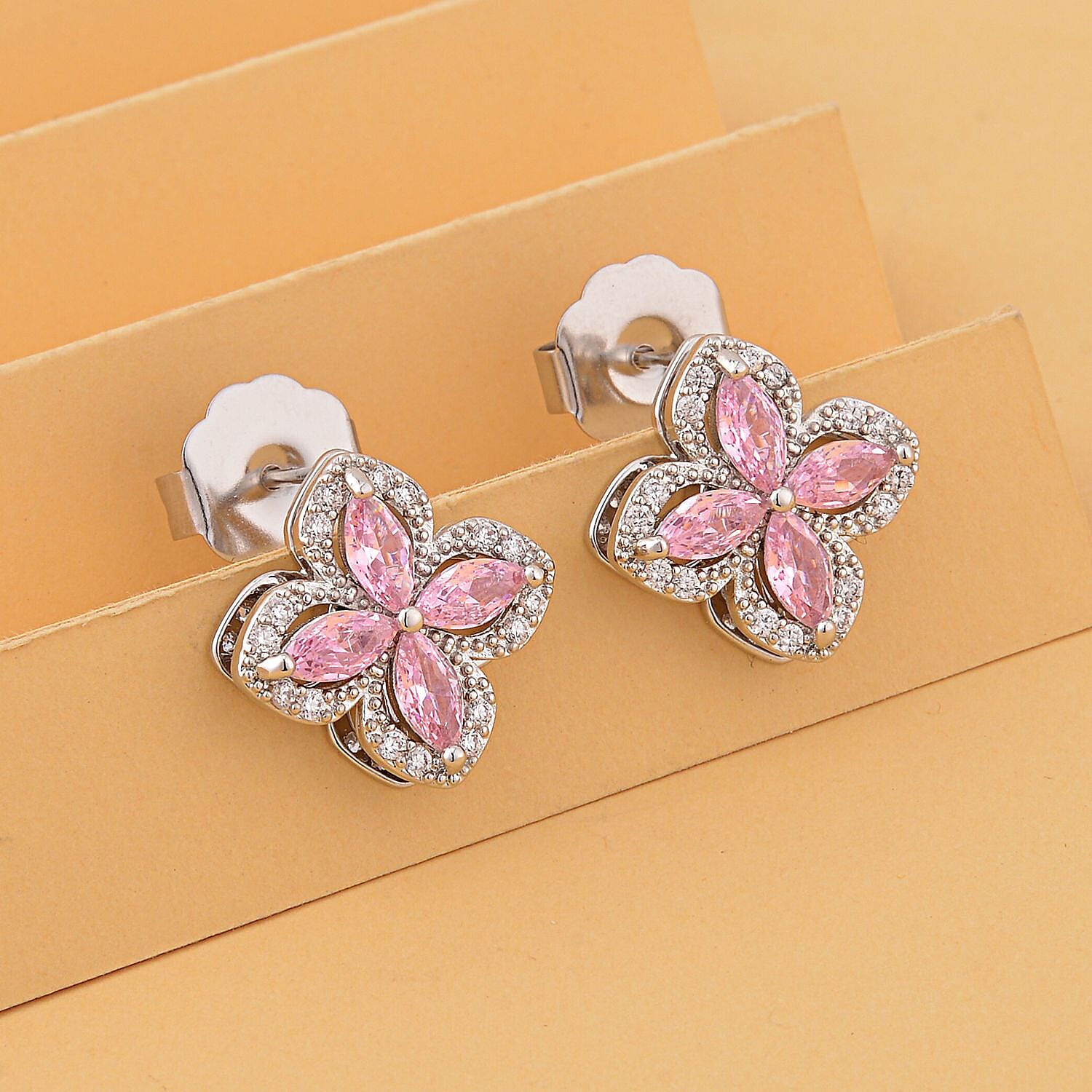 Simulated Pink &amp; White Diamond Clover Earrings with Push Back in Silver Tone 3.50 Ct. 7283850 2