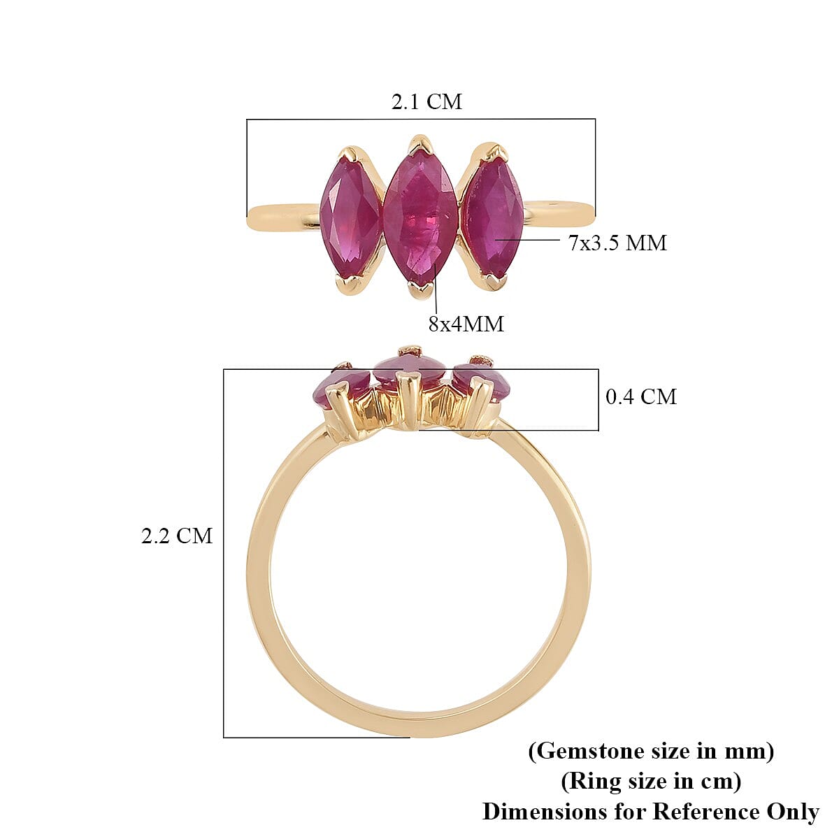 (Size K) 9K Yellow Gold Ruby 3 Stone Ring 1.280 Ct. 3852300 12