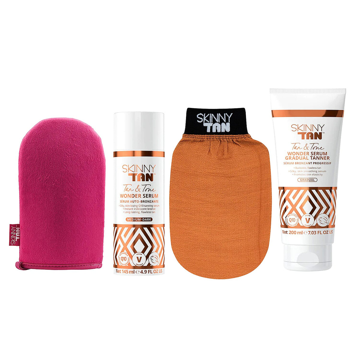 Skinny Tan- Wonder Serum Tanning Bundle (Incl. Wonder Serum Self-Tanner - 145ml, Wonder Serum Gradual Tanner - 200ml, Luxury Tanning Mitt &amp; Tan Exfoliating Mitt) 7138991 0