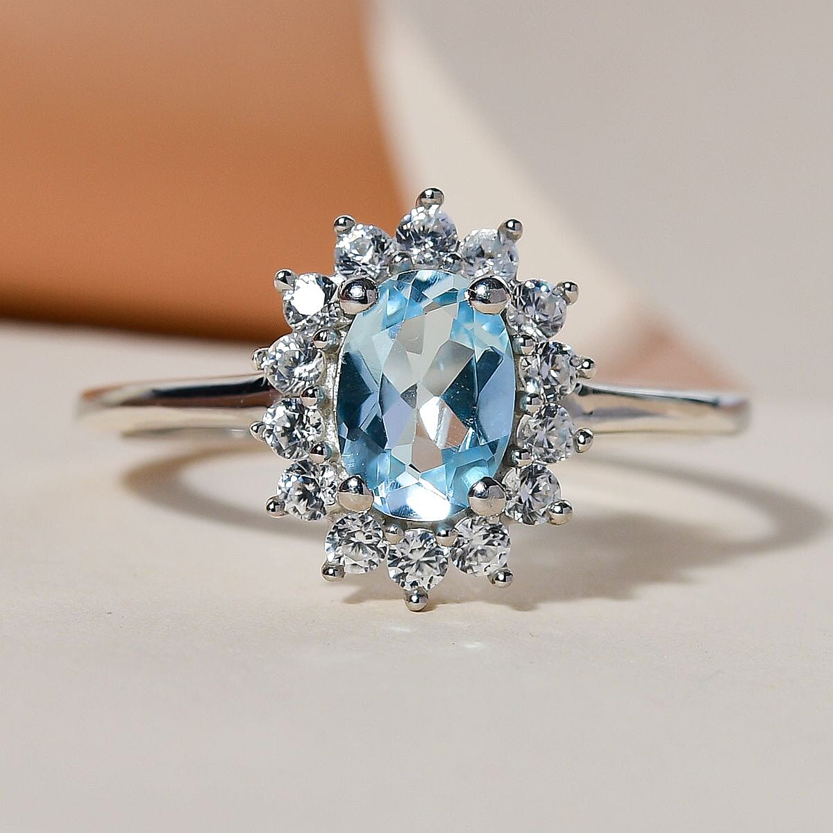 Sky Blue Topaz Princess Diana Inspired Halo Ring with Natural Cambodian Zircon in Platinum Plated Sterling Silver 1.38 Ct 3811743 8