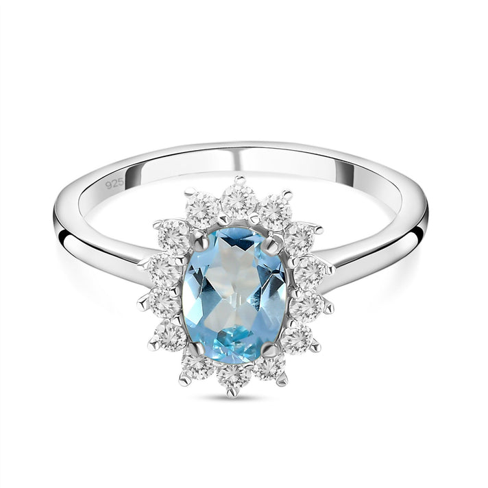 Sky Blue Topaz Princess Diana Inspired Halo Ring with Natural Cambodian Zircon in Platinum Plated Sterling Silver 1.38 Ct 3811743 1