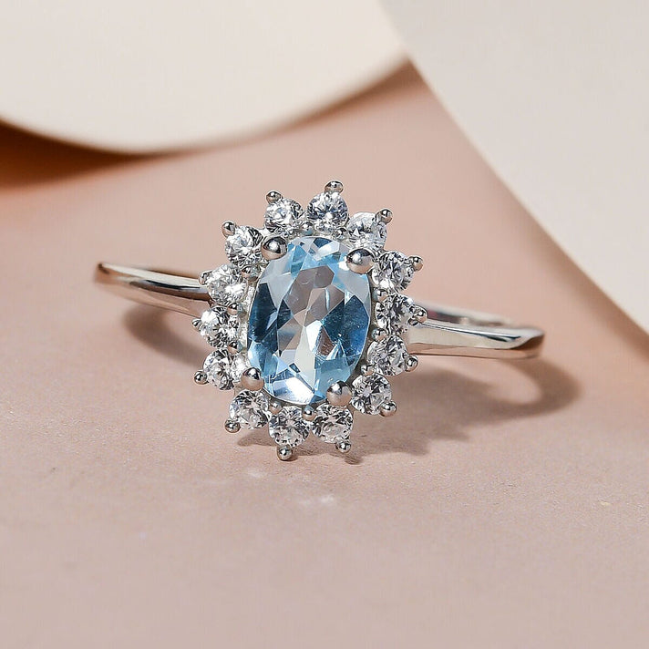 Sky Blue Topaz Princess Diana Inspired Halo Ring with Natural Cambodian Zircon in Platinum Plated Sterling Silver 1.38 Ct 3811743 2