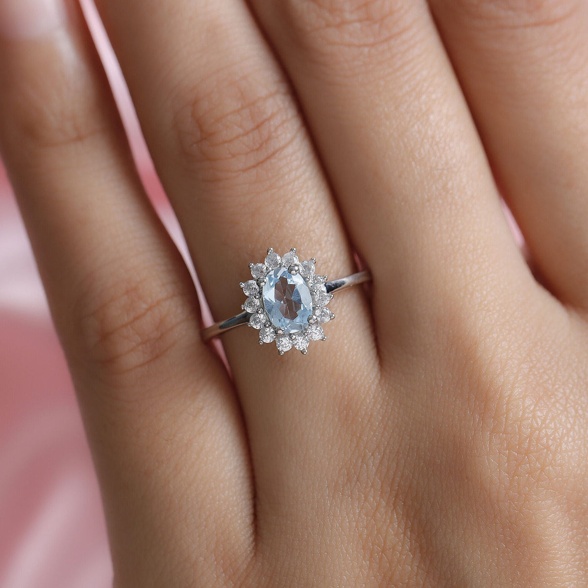 Sky Blue Topaz Princess Diana Inspired Halo Ring with Natural Cambodian Zircon in Platinum Plated Sterling Silver 1.38 Ct 3811743 5