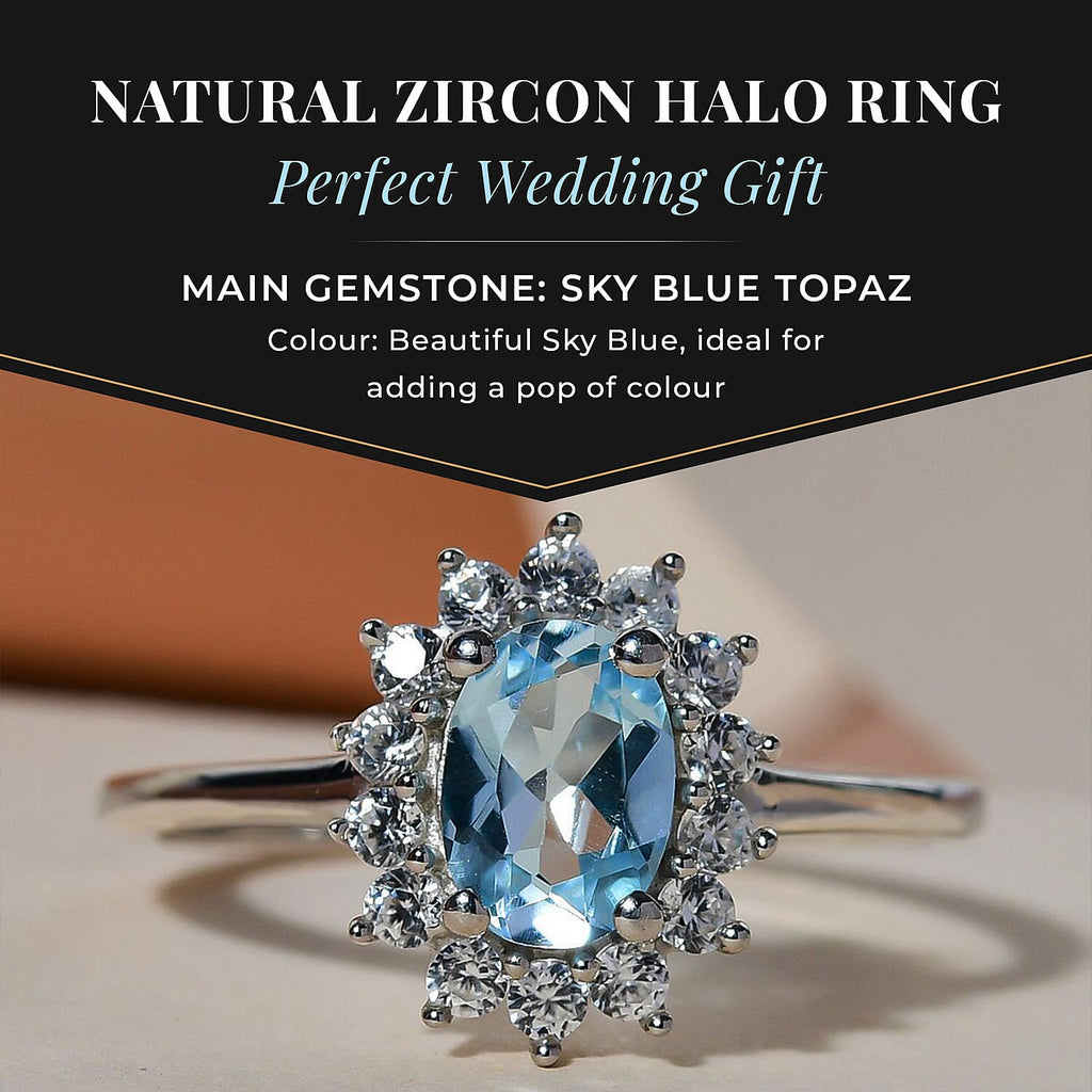 Royal Bali Collection - D'Joy Skyblue Topaz & Natural Zircon Halo Ring in Platinum Overlay Sterling Silver 1.37 Ct.