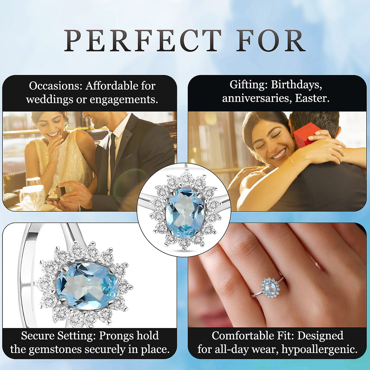 D'Joy Skyblue Topaz &amp; Natural Zircon Halo Ring in Platinum Overlay Sterling Silver 1.30 Ct. 3811754 6