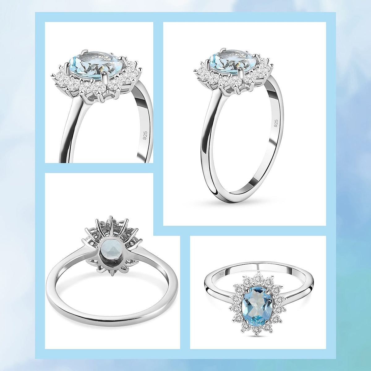 D'Joy Skyblue Topaz &amp; Natural Zircon Halo Ring in Platinum Overlay Sterling Silver 1.30 Ct. 3811754 8