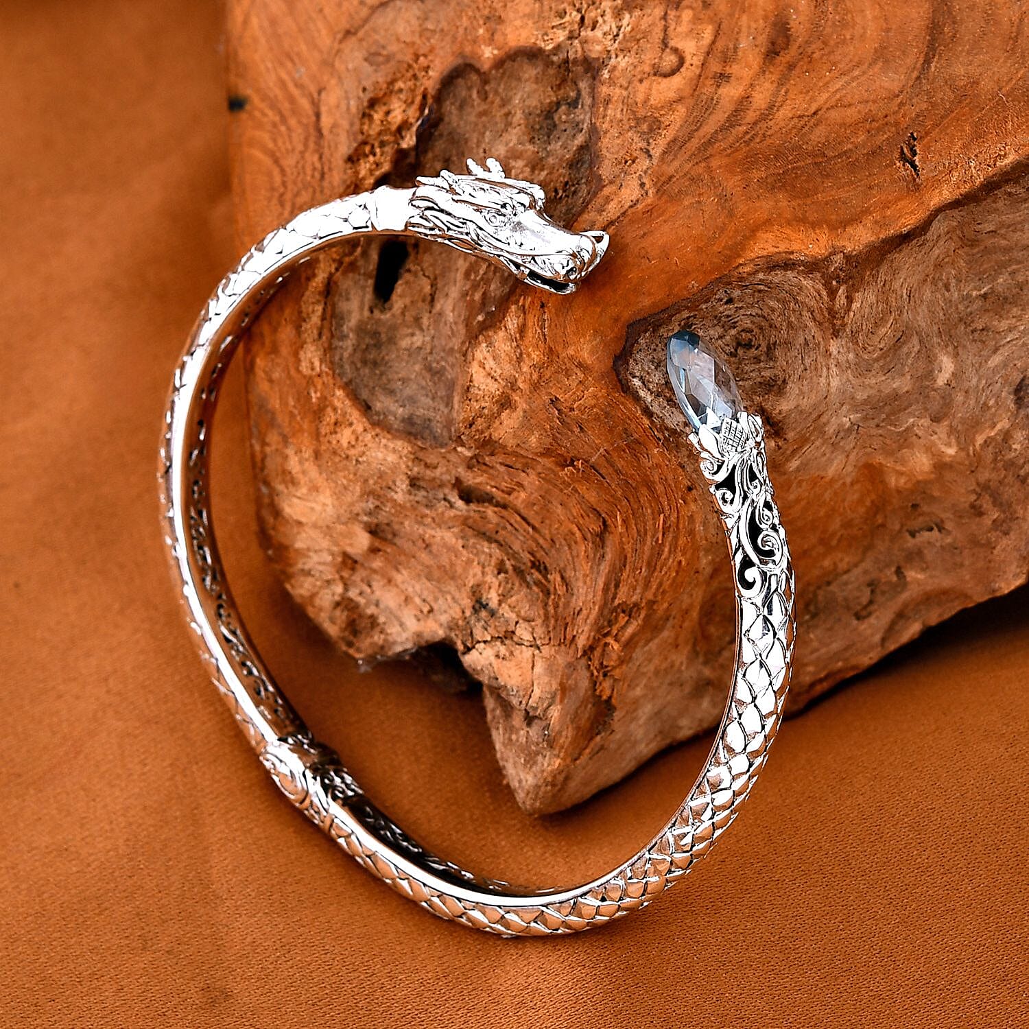 Royal Bali - Handmade Skyblue Topaz Dragon Bangle (Size - 7.5) Sterling Silver 4.25 ct, Silver Wt. 21 Gms 7713828 1