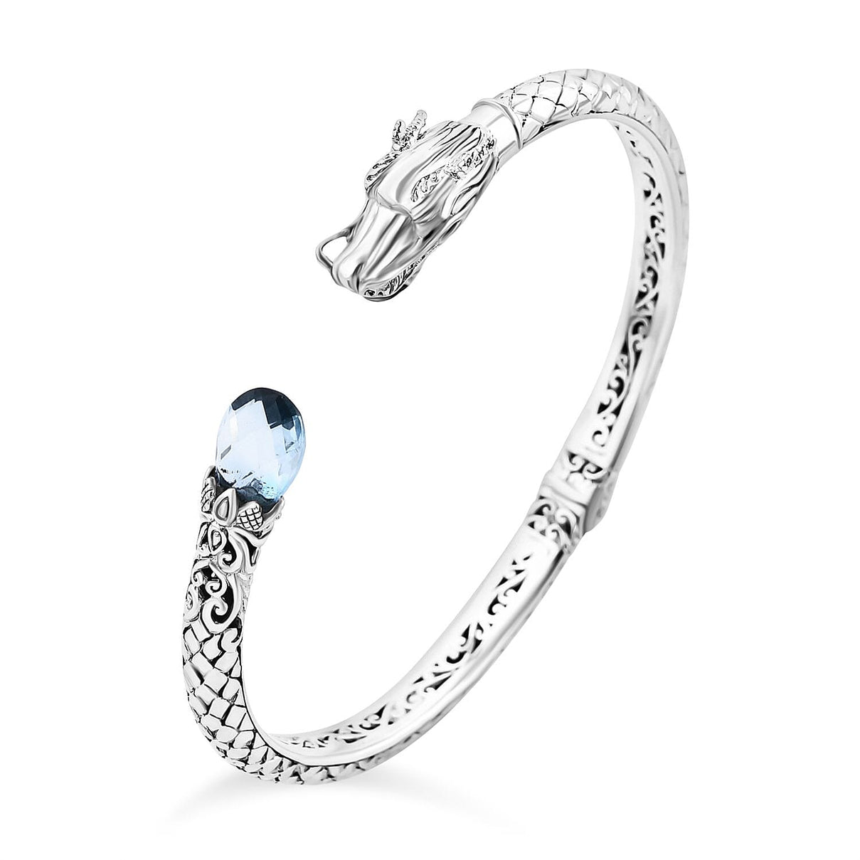 Royal Bali - Handmade Skyblue Topaz Dragon Bangle (Size - 7.5) Sterling Silver 4.25 ct, Silver Wt. 21 Gms 7713828 3