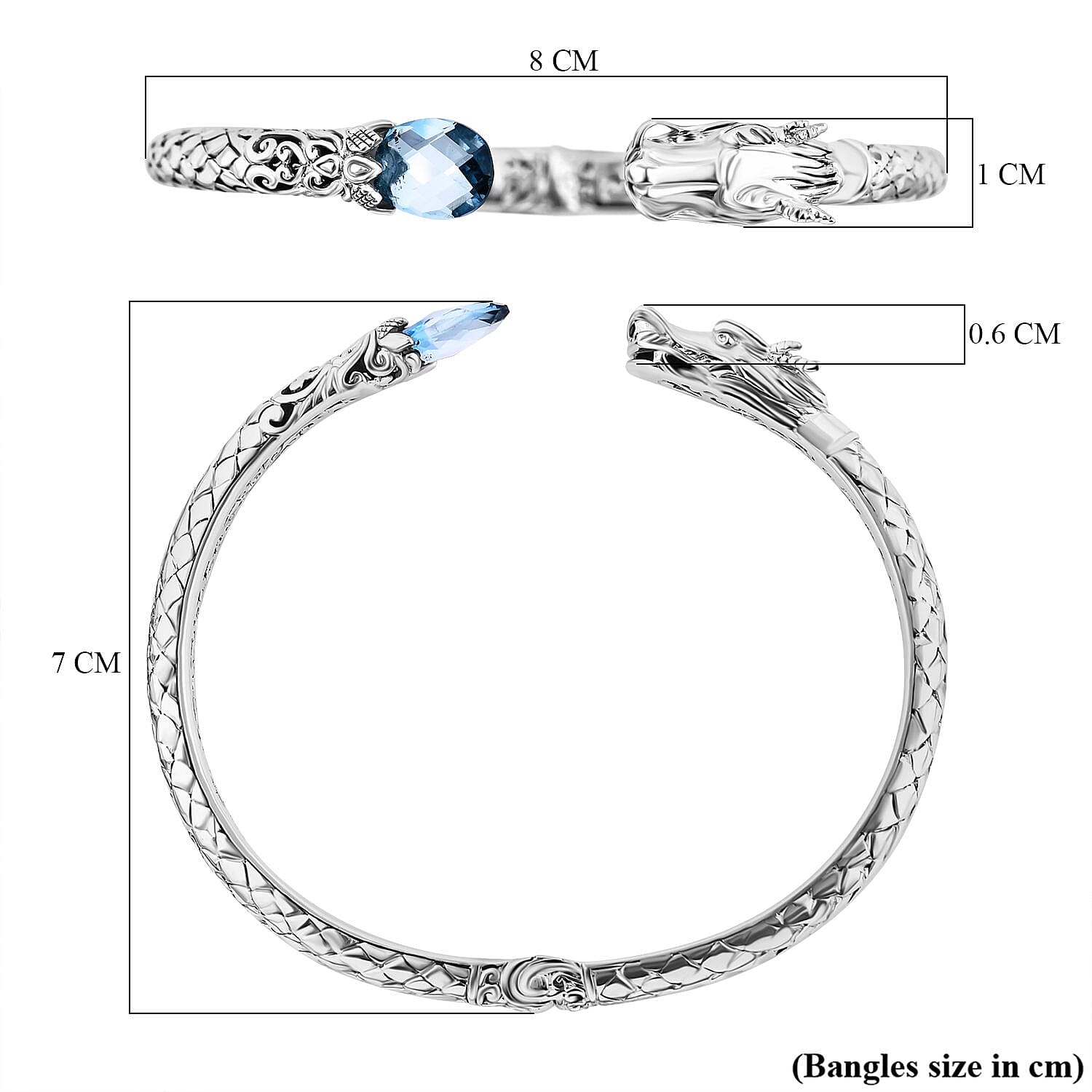 Royal Bali - Handmade Skyblue Topaz Dragon Bangle (Size - 7.5) Sterling Silver 4.25 ct, Silver Wt. 21 Gms 7713828 5