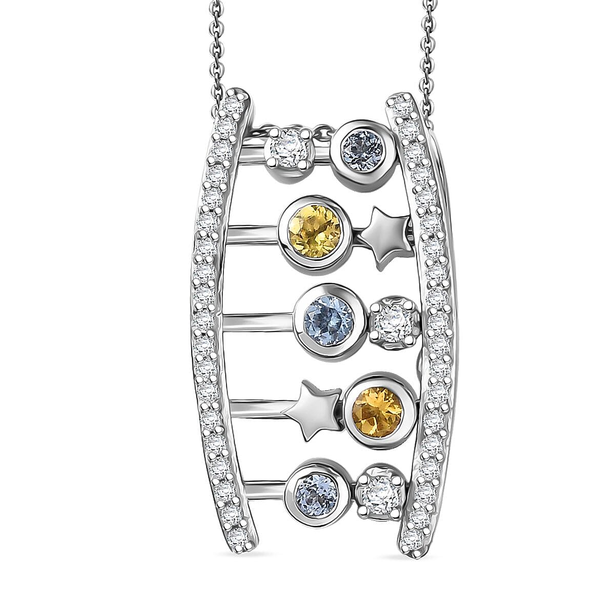 Celestial Dream Collection Skyblue Topaz Citrine, White Zircon &amp; Blue Sapphire Pendant with Chain (Size 20) in Rhodium Overlay Sterling Silver 1.14 Ct, Silver Wt. 7.77 Gms. 4431975 0