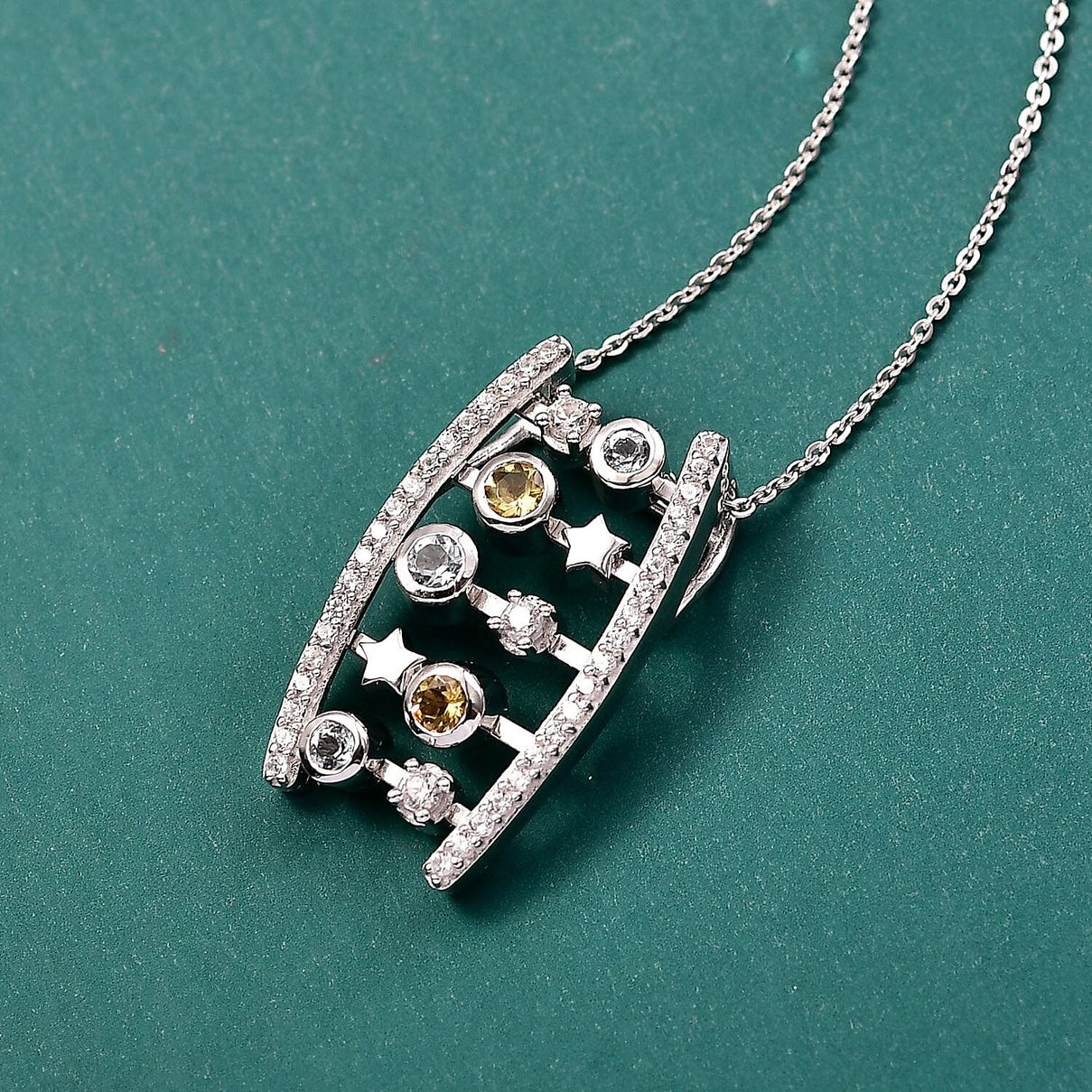 Celestial Dream Collection Skyblue Topaz Citrine, White Zircon &amp; Blue Sapphire Pendant with Chain (Size 20) in Rhodium Overlay Sterling Silver 1.14 Ct, Silver Wt. 7.77 Gms. 4431975 2