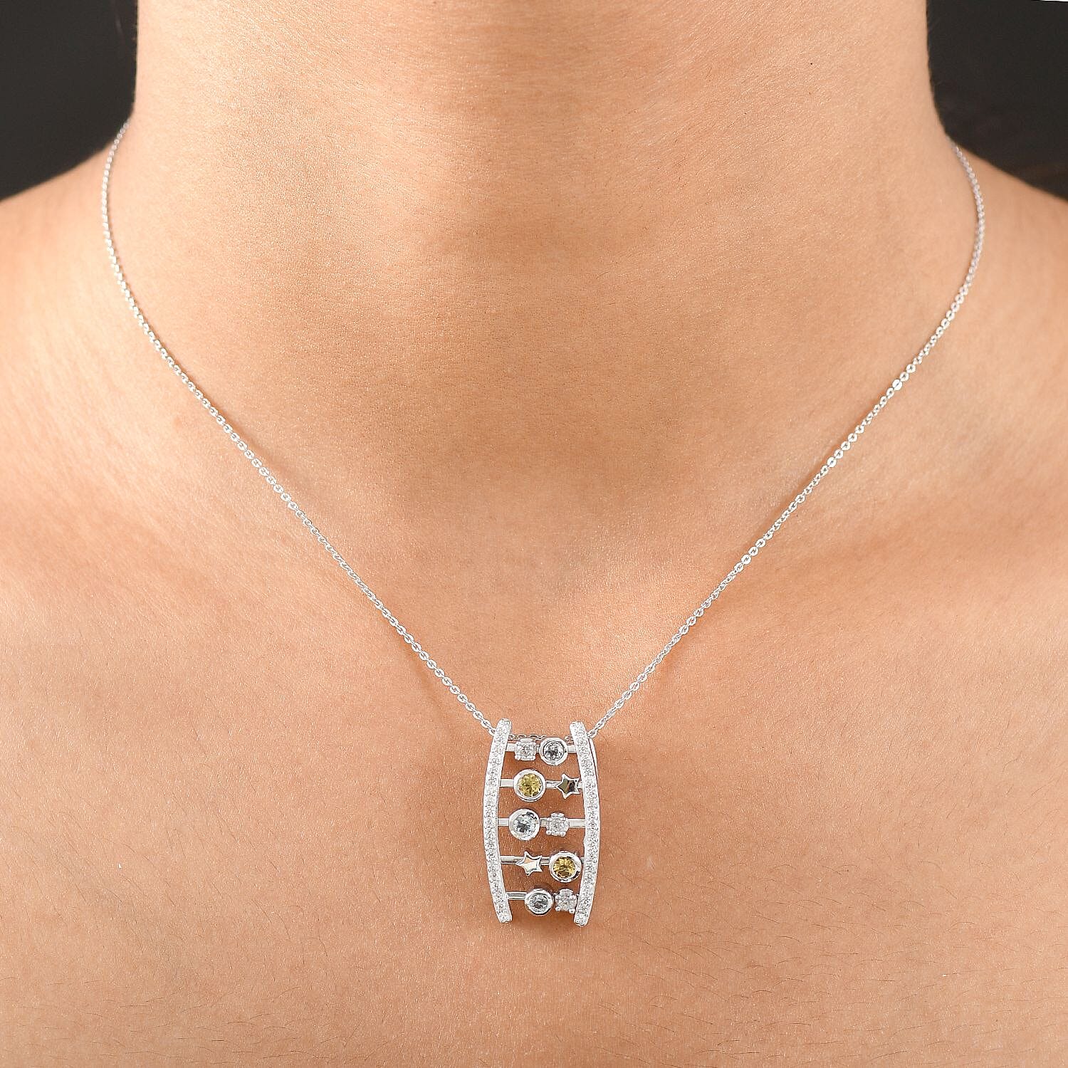 Celestial Dream Collection Skyblue Topaz Citrine, White Zircon &amp; Blue Sapphire Pendant with Chain (Size 20) in Rhodium Overlay Sterling Silver 1.14 Ct, Silver Wt. 7.77 Gms. 4431975 3