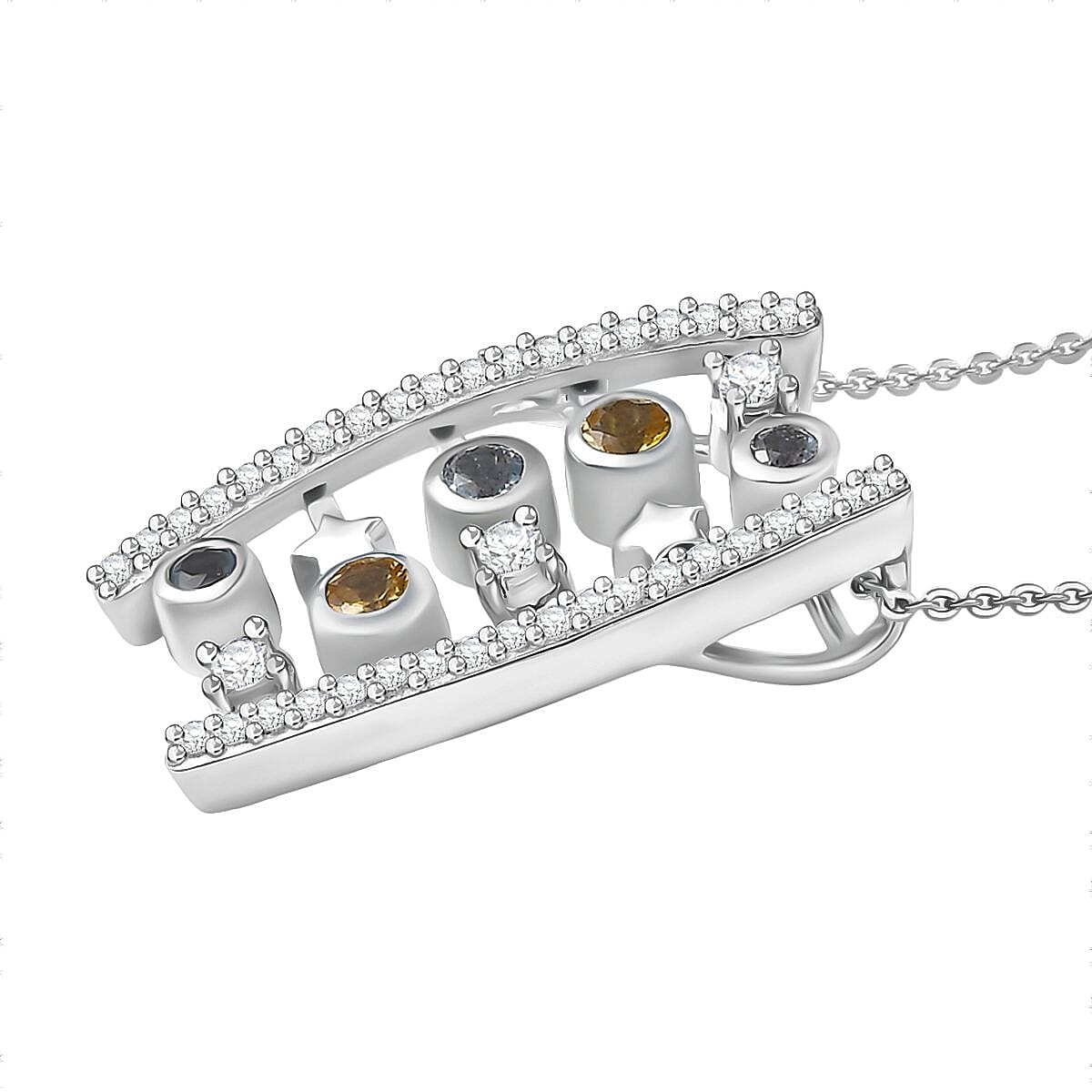 Celestial Dream Collection Skyblue Topaz Citrine, White Zircon &amp; Blue Sapphire Pendant with Chain (Size 20) in Rhodium Overlay Sterling Silver 1.14 Ct, Silver Wt. 7.77 Gms. 4431975 5
