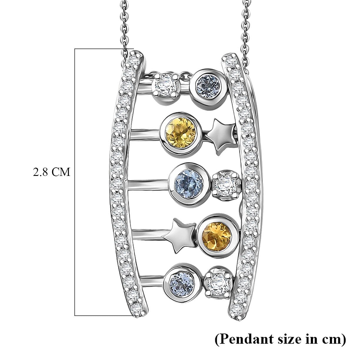 Celestial Dream Collection Skyblue Topaz Citrine, White Zircon &amp; Blue Sapphire Pendant with Chain (Size 20) in Rhodium Overlay Sterling Silver 1.14 Ct, Silver Wt. 7.77 Gms. 4431975 9