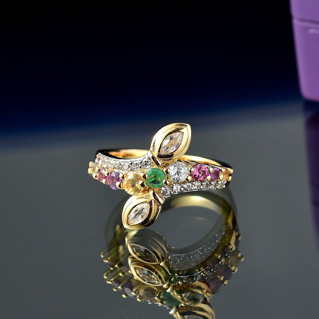 Skyblue Topaz & Multi Gemstones Ring in 18K Vermeil Yellow Gold Plated Sterling Silver 1.08 Ct.