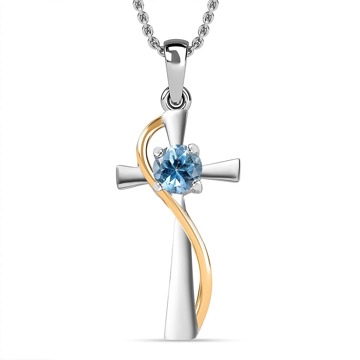 Skyblue Topaz Solitaire Cross Pendant with Chain (Size 20) in Platinum Overlay Sterling Silver 4283036 0