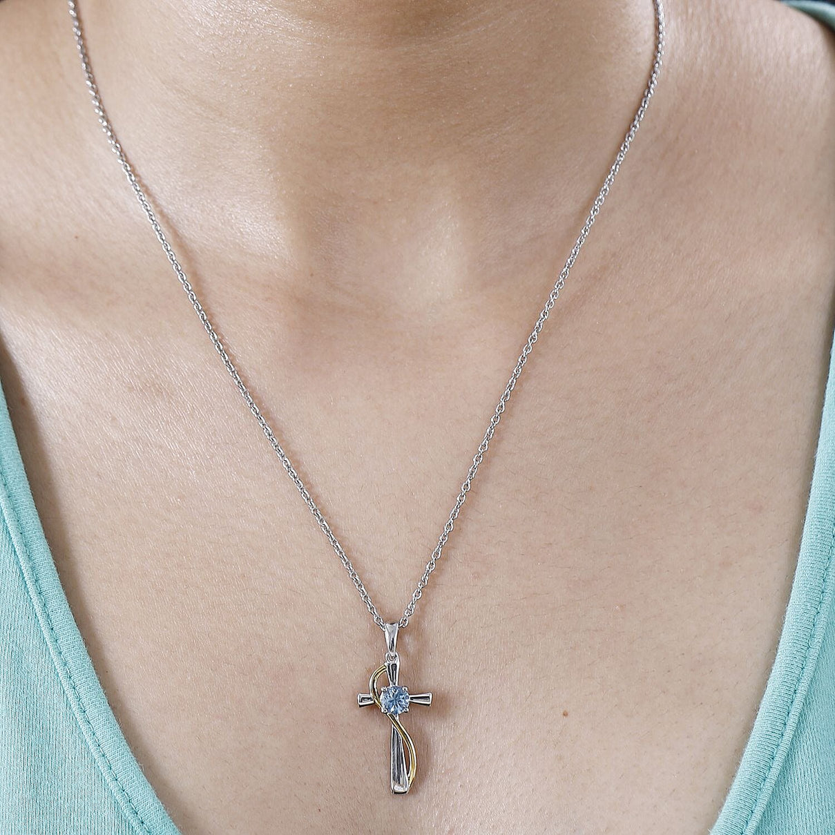 Skyblue Topaz Solitaire Cross Pendant with Chain (Size 20) in Platinum Overlay Sterling Silver 4283036 2