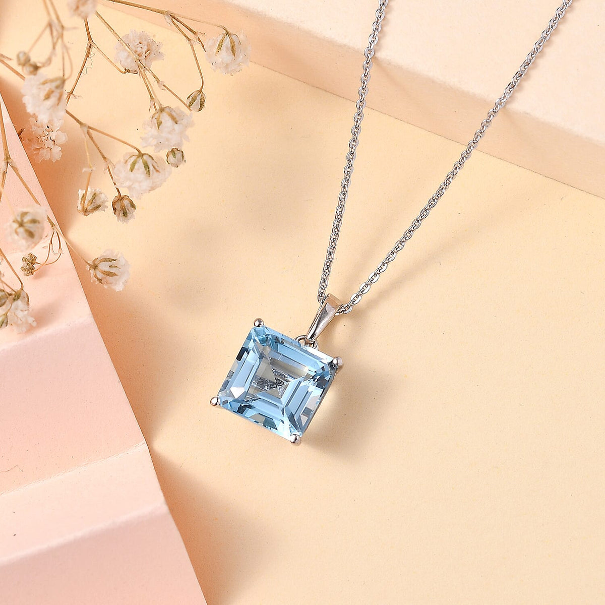 Skyblue Topaz (Asscher Cut) Pendant with Chain (Size 20) in Rhodium Overlay Sterling Silver  5.0 Ct 4280424 2