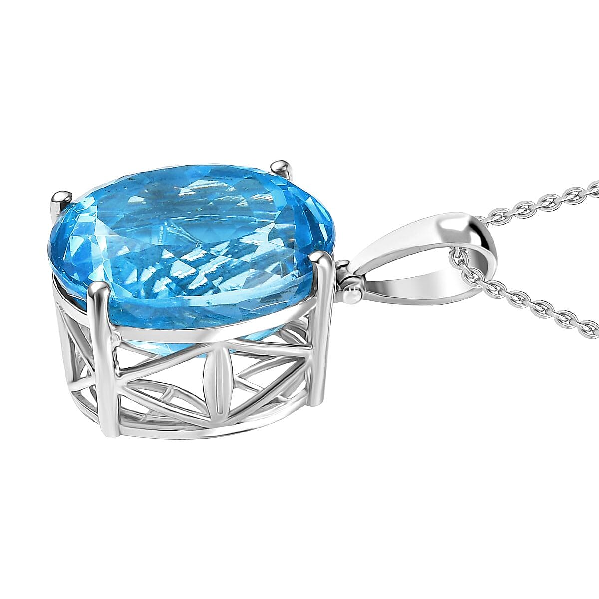 Skyblue Topaz Pendant with Chain (Size 20) in Rhodium Overlay Sterling Silver 50.00 Ct, Silver Wt. 6.00 Gms. 4330988 4