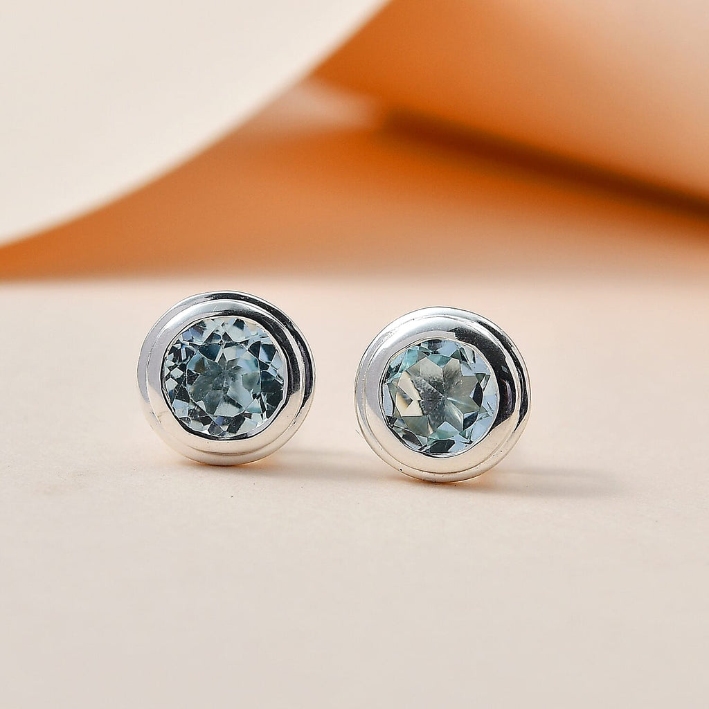 Skyblue Topaz Stud Solitaire Earrings with Push Back in Sterling Silver 1.74 Ct.