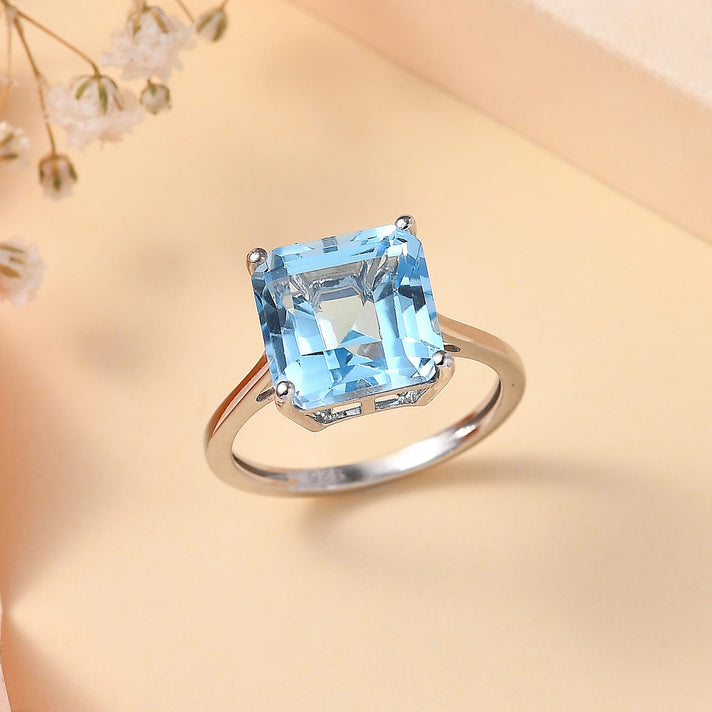 D'Joy Asscher Cut Skyblue Topaz Solitaire Ring in Rhodium Overlay Sterling Silver 6.16 Ct. 7828607 2
