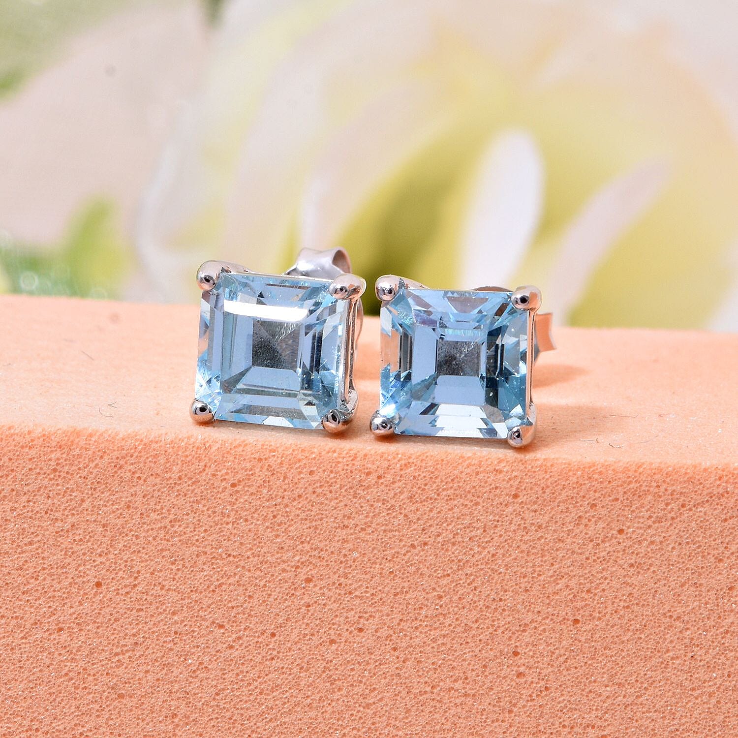 Skyblue Topaz Solitaire Stud Earrings in Rhodium Overlay Sterling Silver 2.78  Ct. 7828298 8