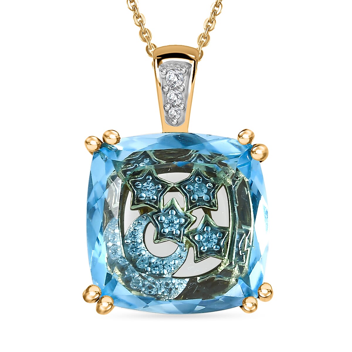 GP Celestial Collection - Skyblue Topaz, White Zircon, &amp; Blue Sapphire Pendant with Chain (Size 20) in 18K Vermeil Yellow Gold Plated Sterling Silver 8.91 Ct, Silver Wt. 6.41 Gms. 4325085 0