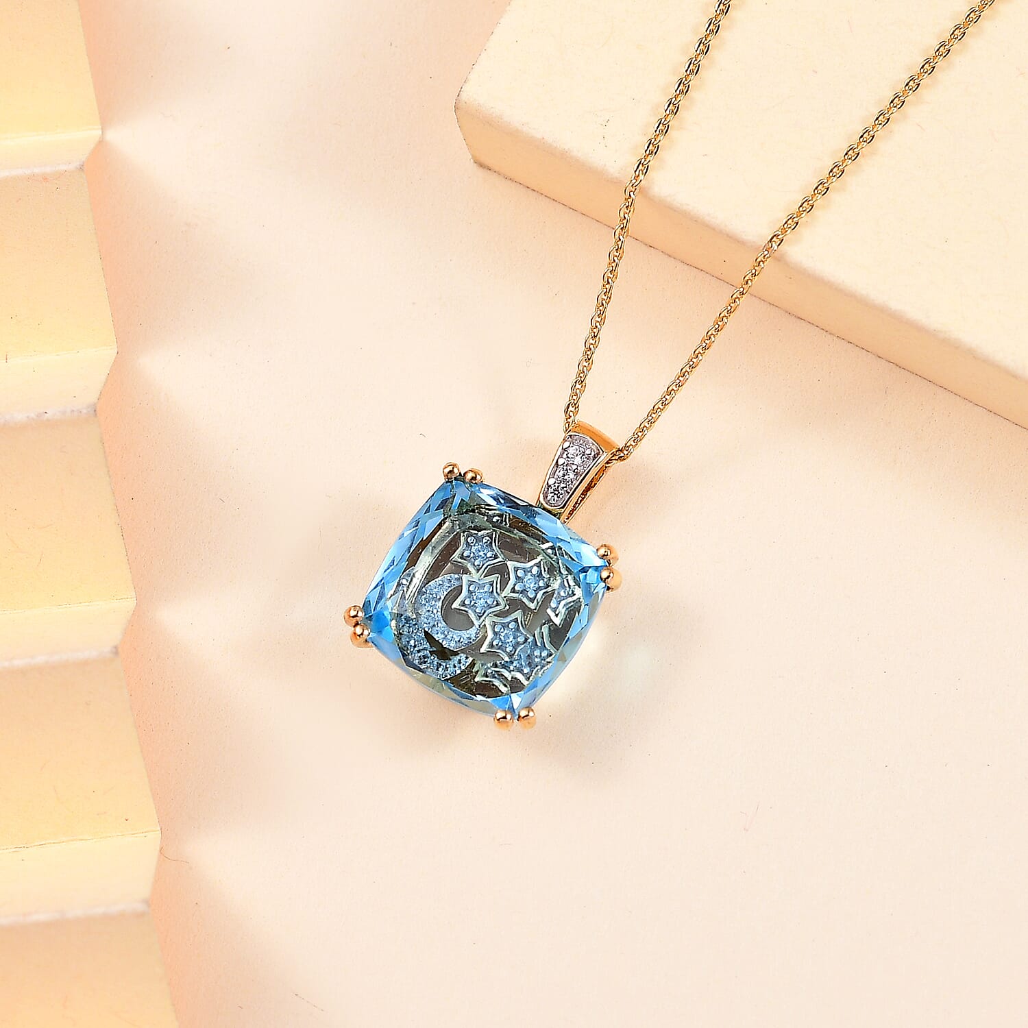 GP Celestial Collection - Skyblue Topaz, White Zircon, &amp; Blue Sapphire Pendant with Chain (Size 20) in 18K Vermeil Yellow Gold Plated Sterling Silver 8.91 Ct, Silver Wt. 6.41 Gms. 4325085 1