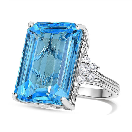 D'Joy - Skyblue Topaz &amp; Natural Zircon Cocktail Ring in Rhodium Overlay Sterling Silver 26.73 Ct. 7803879 1