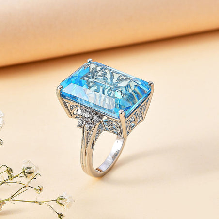 D'Joy - Skyblue Topaz &amp; Natural Zircon Cocktail Ring in Rhodium Overlay Sterling Silver 26.73 Ct. 7803879 2