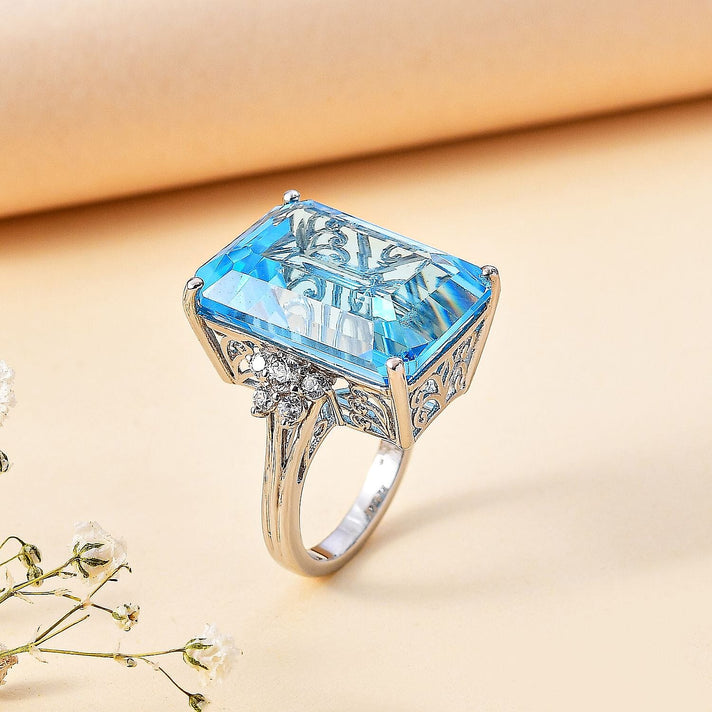 D'Joy - Skyblue Topaz &amp; Natural Zircon Cocktail Ring in Rhodium Overlay Sterling Silver 26.73 Ct. 7803879 2