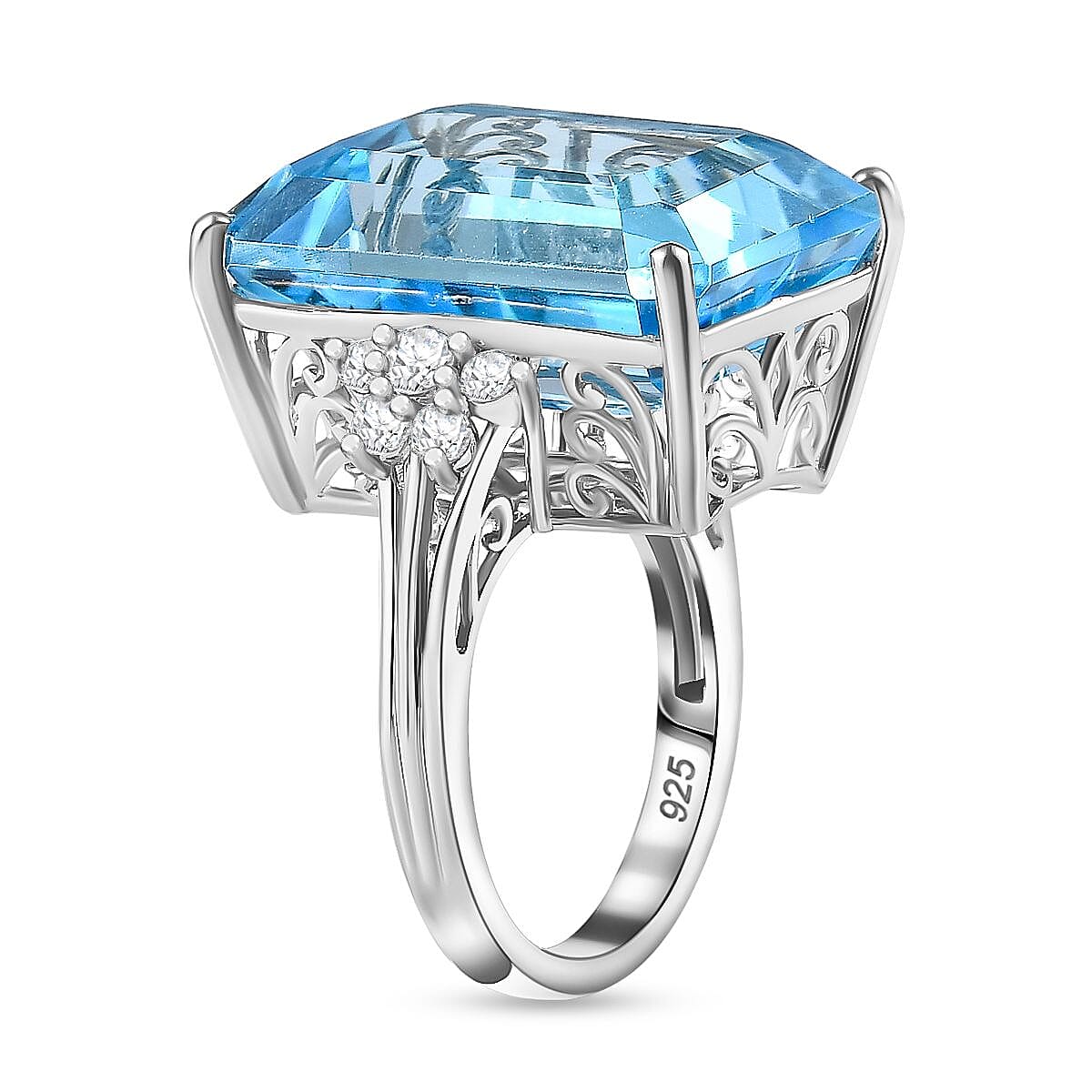 D'Joy - Skyblue Topaz &amp; Natural Zircon Cocktail Ring in Rhodium Overlay Sterling Silver 26.73 Ct. 7803879 4