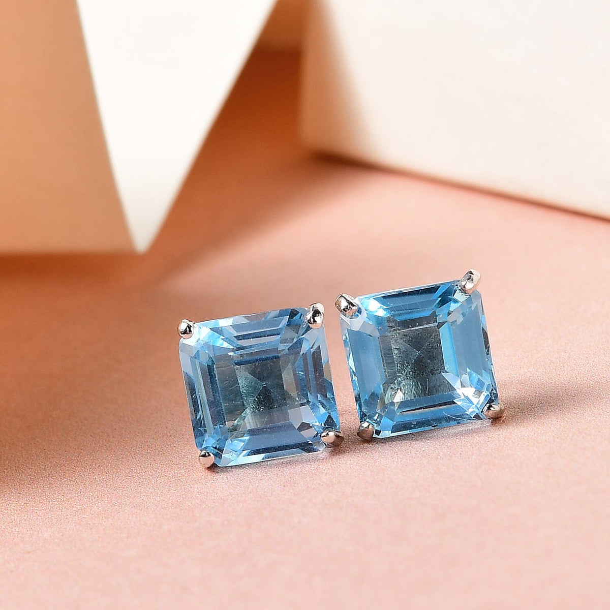 Skyblue Topaz (Asscher Cut) Stud Earrings (with Push Back) in Platinum Overlay Sterling Silver 6.28 Ct. 7140933 2