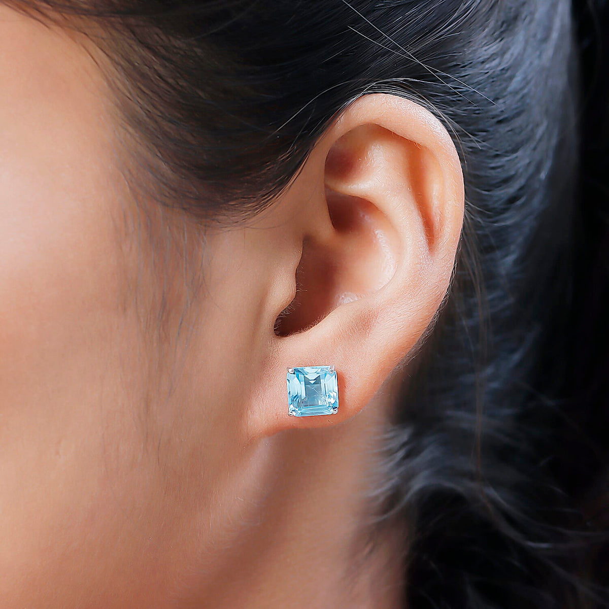 Skyblue Topaz (Asscher Cut) Stud Earrings (with Push Back) in Platinum Overlay Sterling Silver 6.28 Ct. 7140933 3