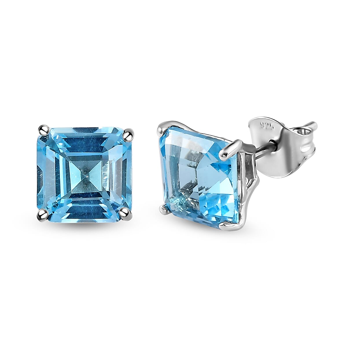 Skyblue Topaz (Asscher Cut) Stud Earrings (with Push Back) in Platinum Overlay Sterling Silver 6.28 Ct. 7140933 4