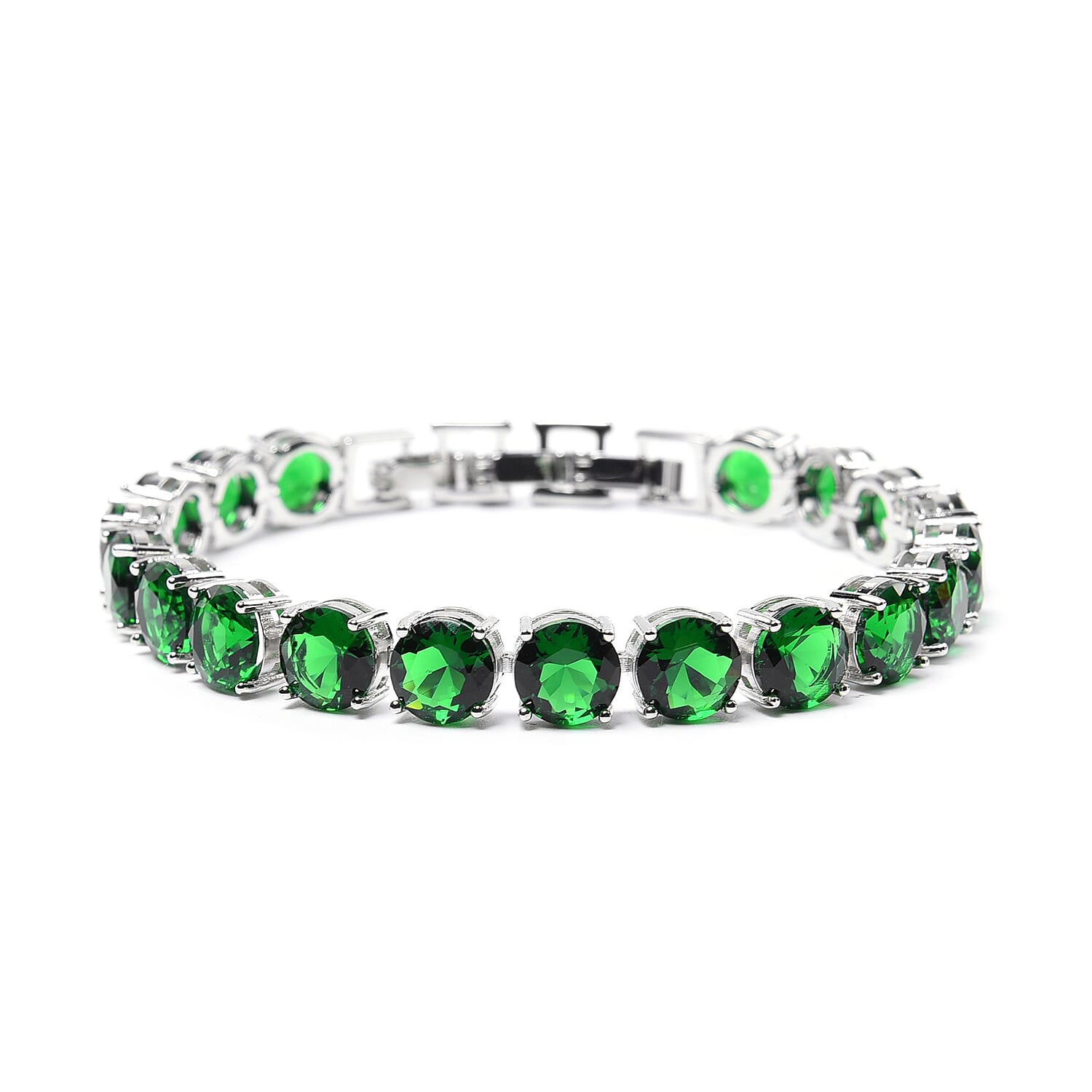 Sleek and Shiny Tennis Bracelet with Simulated Emeralds  in Silver Tone Size 8 with Extender 3667568 0