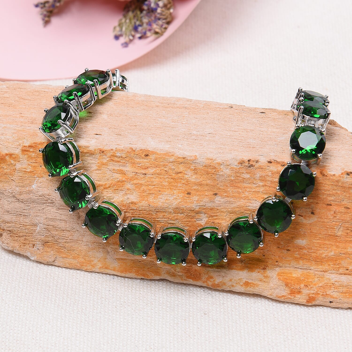 Sleek and Shiny Tennis Bracelet with Simulated Emeralds  in Silver Tone Size 8 with Extender 3667568 2