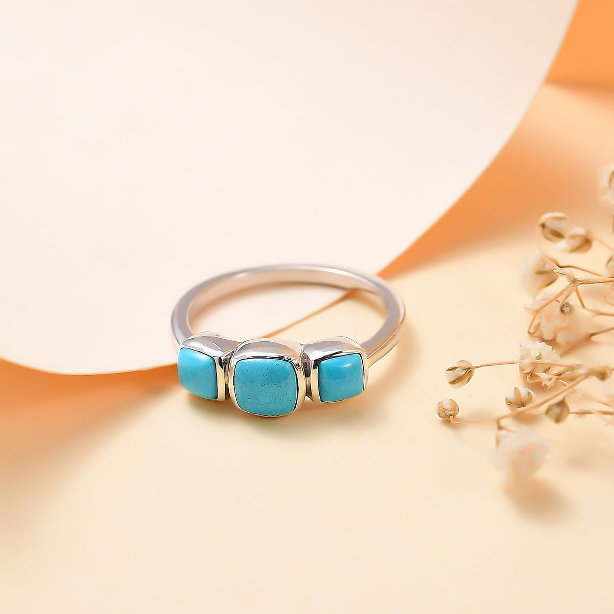 Sleeping Beauty Turquoise 3 Stone Ring in Rhodium Overlay Sterling Silver 1.243  Ct. 7847651 1