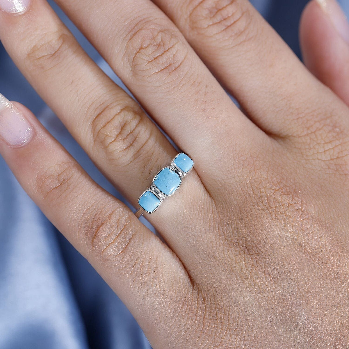 Sleeping Beauty Turquoise 3 Stone Ring in Rhodium Overlay Sterling Silver 1.243  Ct. 7847651 2