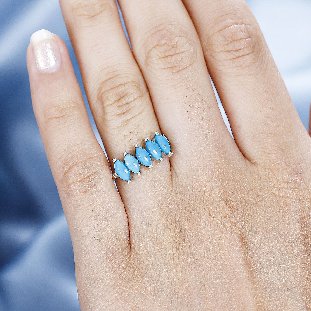Arizona Sleeping Beauty Turquoise 5 Stone Ring in Platinum Overlay Sterling Silver 1.30 Ct 7796066 2