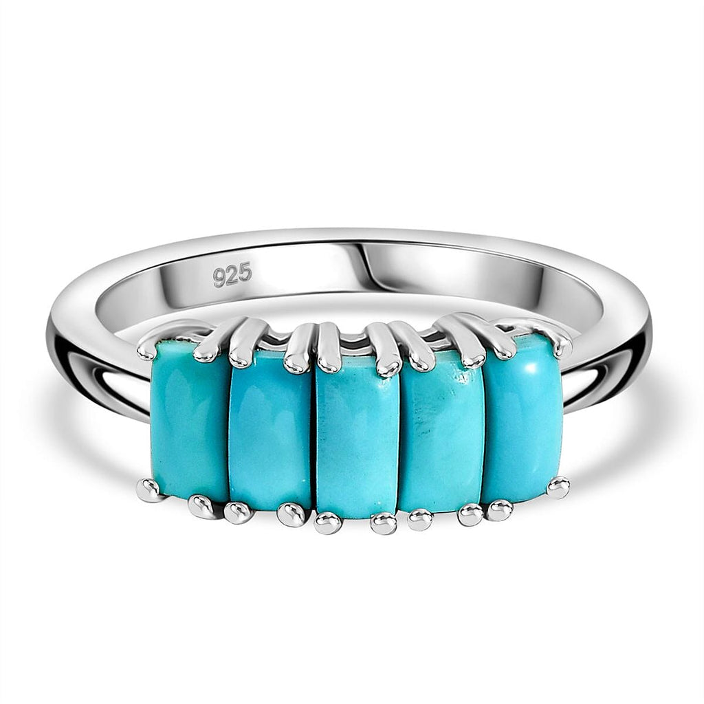 Sleeping Beauty Turquoise 5 Stone Ring in Rhodium Overlay Sterling Silver 1.35 Ct.